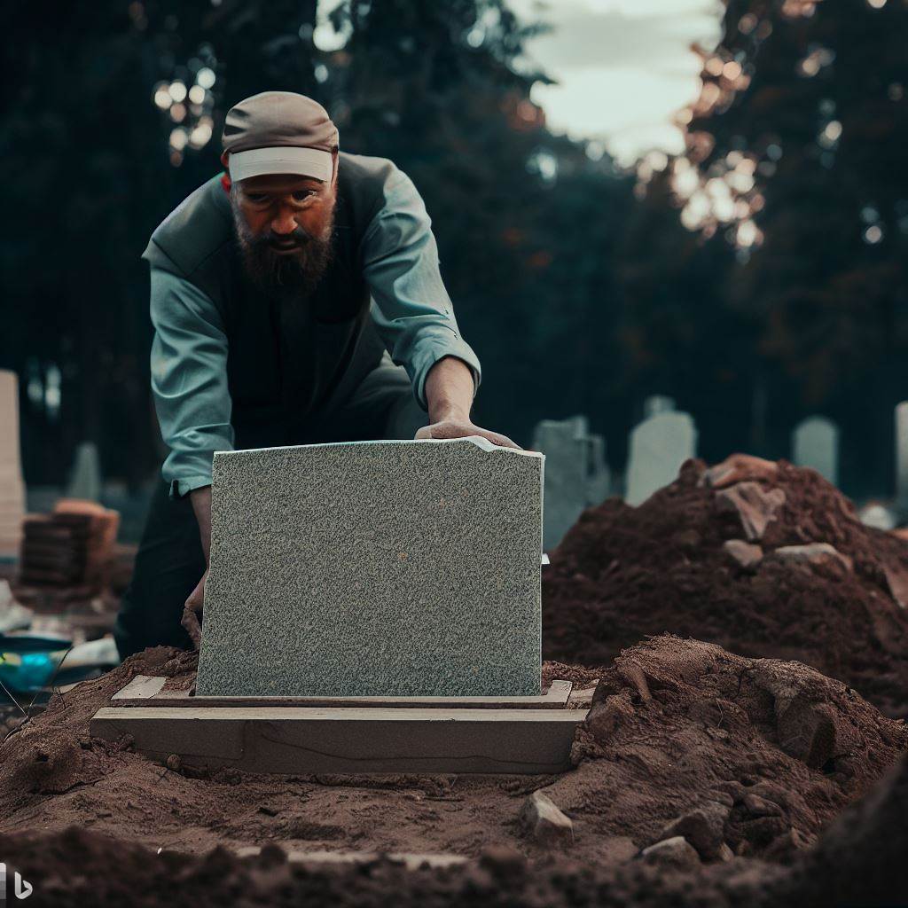 Mitarbeiter versetzt einen Grabstein